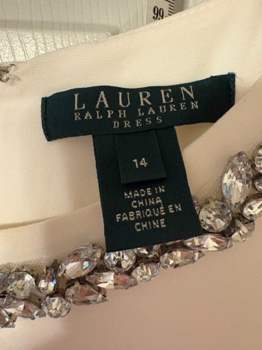 Lauren Ralph Lauren Ivory Beaded Neck Sheath Dress 3/4 Sleeve Ruched - Picture 5 of 7